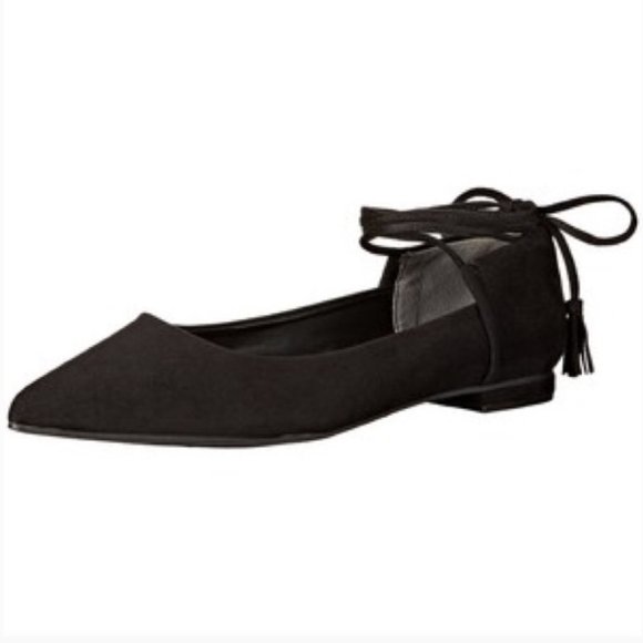 New Guess | Black Vida Faux Suede Ankle Tie Pointed Toe Flats, 7.5 - Picture 1 of 6
